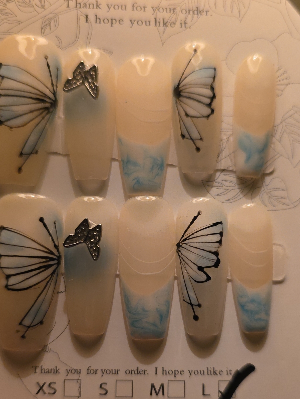 Neutral Blue Butterfly Press-On Nail Set by Size Large